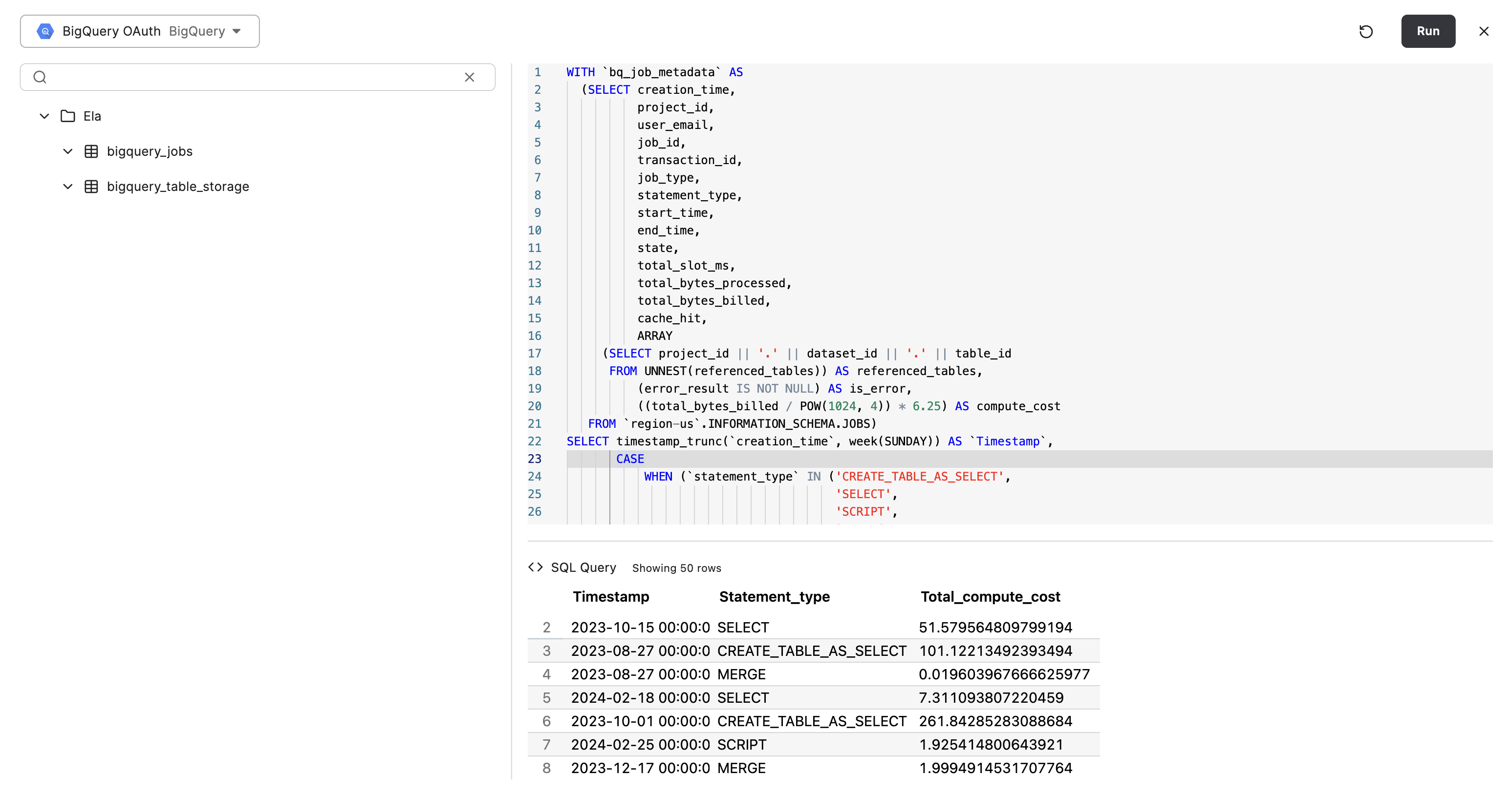 A screenshot of the Hashboard SQL runner, with 3 sections: a left pane for selecting a table, a top-right pane for the SQL query, and the top-right pane for the data resulting from the query.