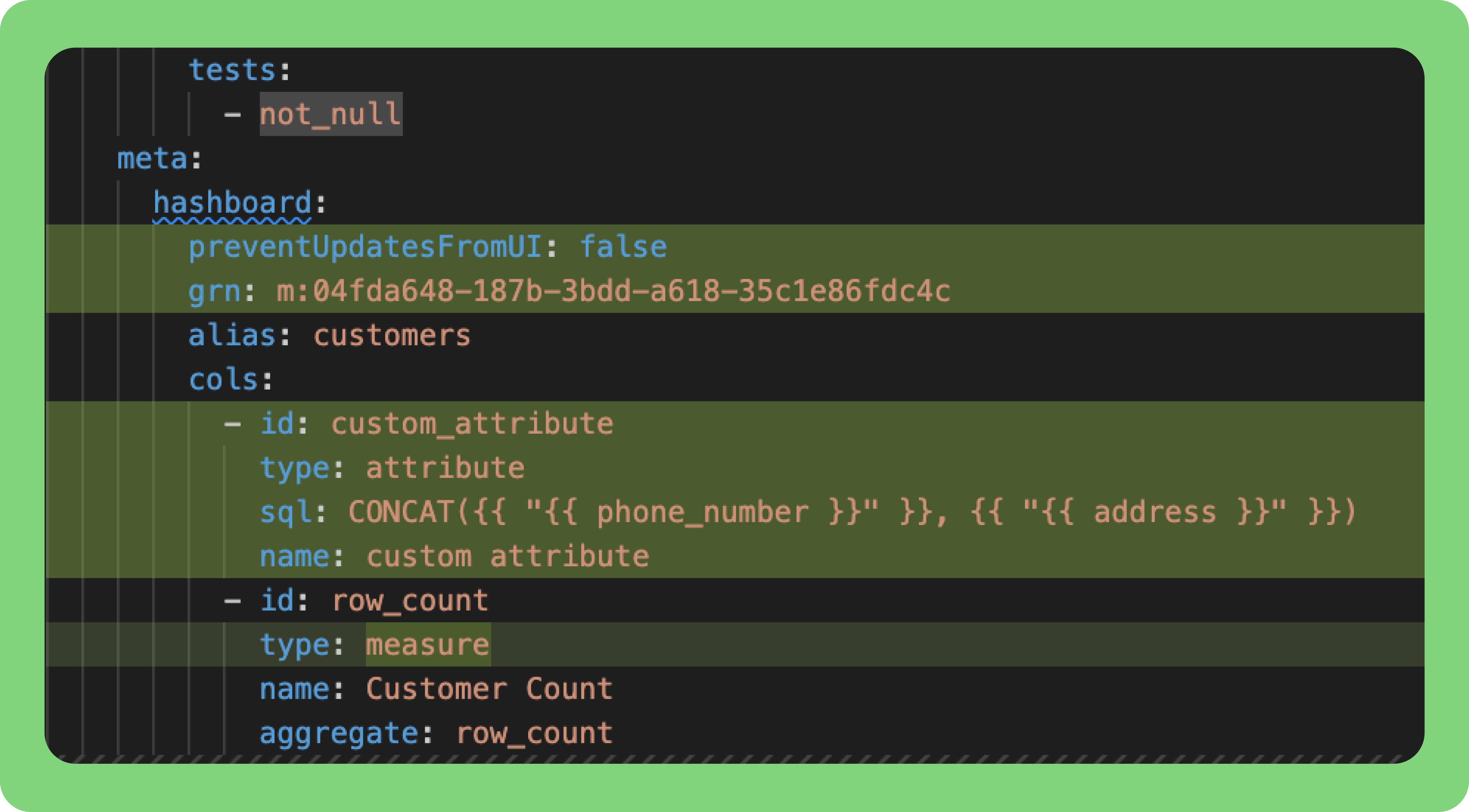 Code editor showing diff generated by pulling model updates from Hashboard